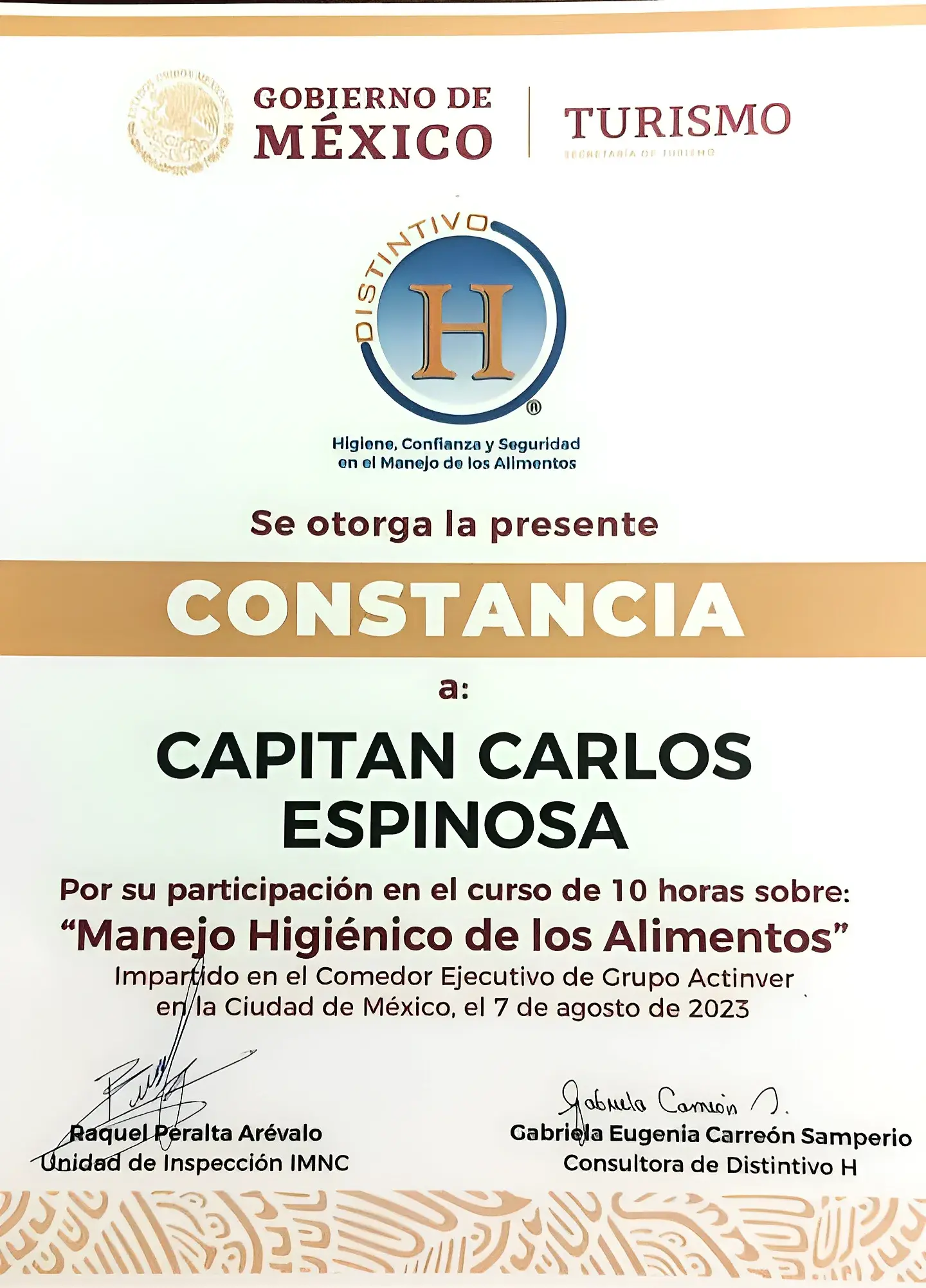 Constancia del Distintivo H en manejo higiénico de los alimentos del capitán Carlos Espinosa